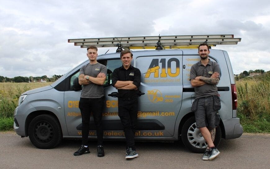 A10 Electrical Solutions team and their work van. Electrical Contractors you can trust 24/7 , London to Cambridge.
