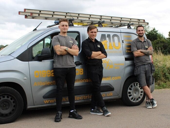 A10 Electrical Solutions team and their work van. Electrical Contractors you can trust 24/7 , London to Cambridge. Dale Hunter Wins eFixx Commercial Industrial Installer 2024