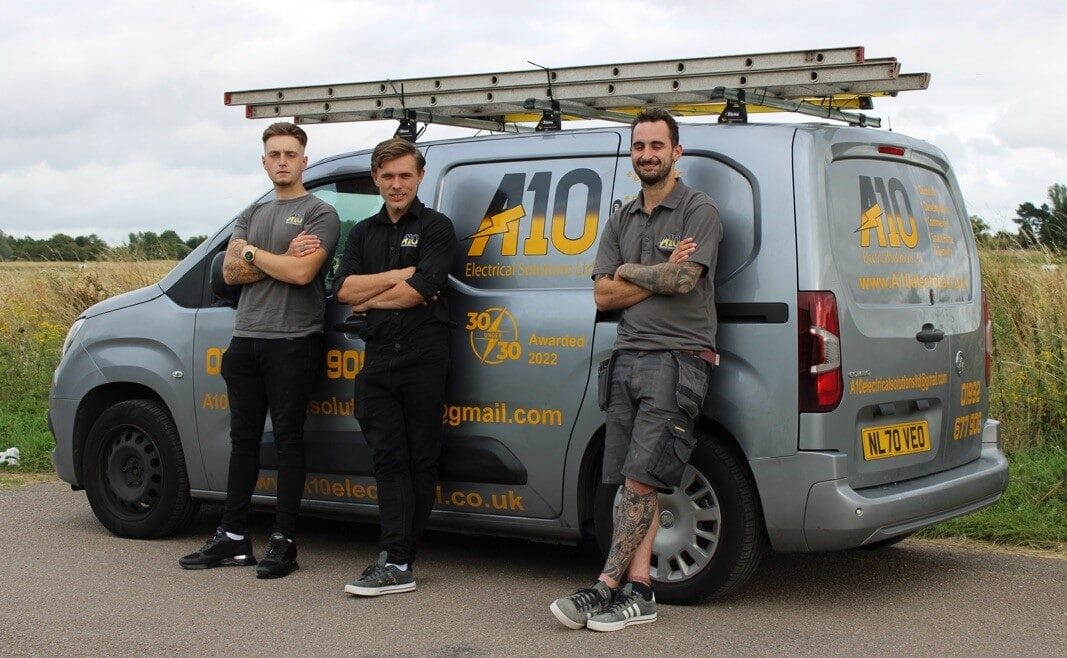A10 Electrical Solutions team and their work van. Electrical Contractors you can trust 24/7 , Chelmsford Stevenage ENFIELD HARLOW BARNET POTTERS BAR WALTHAM ABBEY BROXBOURNE HODDESDON BRENTWOOD EPPING BISHOP'S STORTFORD STANSTED WARE HERTFORD WELWYN GARDEN CITY HATFIELD BUCKHURST HILL LOUGHTON CHIGWELL